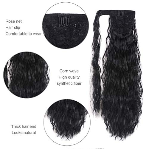 Yeame Corn Wave Ponytail Extension Clip In - 22 Inch Long Wavy Curly Wrap Around Pony Tail Heat Resistant Synthetic Hairpiece For Women (Natural Black #1B) #TOP2