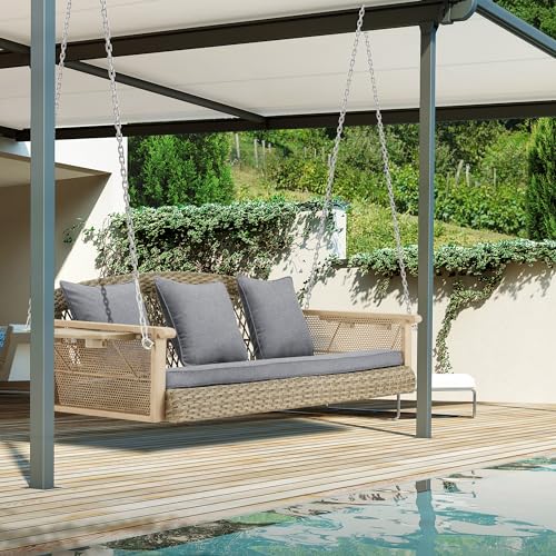 Image of HOMREST 3-Person Wicker Porch Swing with Upgraded Cup Holder, 56 Inch Patio Hanging Swing Bench Chair with Cushions, Outdoor Swing 900lbs Capacity Chains for Deck Garden Backyard (Gray)