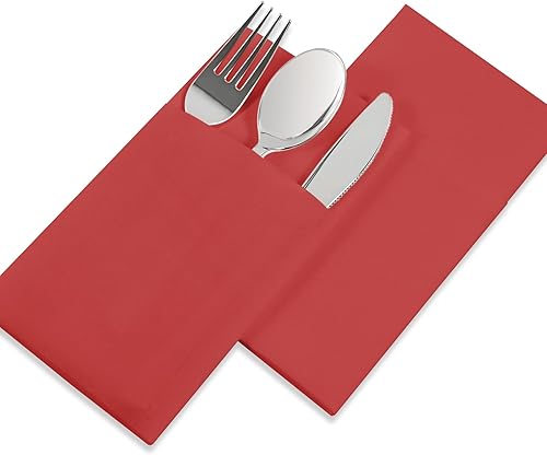 Miniatura 3 de Servilletas rojas desechables  Paquete de 50 servilletas de papel de tacto de lino con bolsillo integrado para cubiertos, tela preplegada como