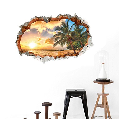 Bibitime Tropical Ocean 3D Beach Wall Stickers Sunshine Wall Art Mural Coconut Tree Vinyl Nursery Decor Decals For Bedroom Living Room #TOP17