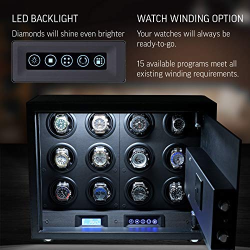 Watch Winder Security Safe for Automatic Watches with Digital Lock, Faux Leather Finish and Interior Backlight (12 Watches, Black)