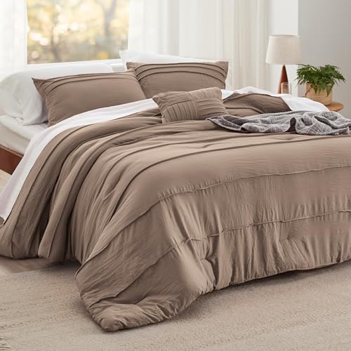 Image of Bedsure Brown King Size Comforter Set - 4 Pieces Pinch Pleat Bed Set, Down Alternative Bedding Sets for All Season, 1 Comforter, 2 Pillowcases, 1 Decorative Pillow