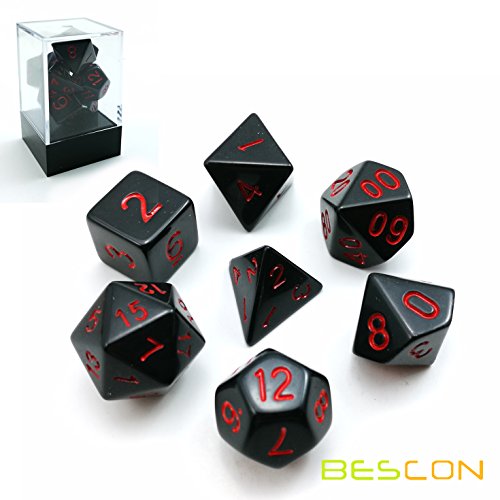 Bescon Polyhedral Dice Set Opaque Black with Red Numbers, Black RPG Dice Set of 7 d4 d6 d8 d10 d12 d20 d% Brick Box Pack