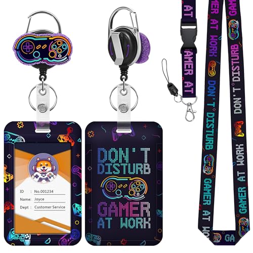 JroyJoy ID Badge Holder with Lanyard & Heavy-Duty Retractable Reel – Cool Neon Unique Design Gamer at Work, Fits School ID Badge, Name Card, Work ID for Nurses, Teachers, Students, Office Workers