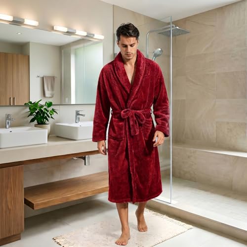 Image of Inner Wish Mens Plush Fleece Robe, Highly Absorbent Cozy Warm Bathrobe Fuzzy Male Spa Long Robe With Pockets