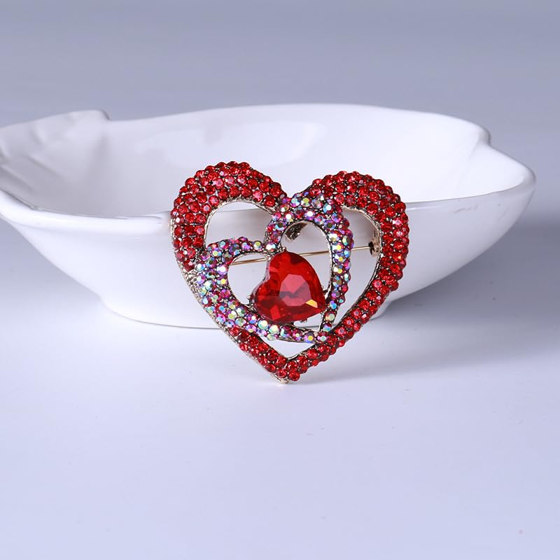 Image of Sparkly Full Rhinestone Heart Brooch Pin Hollow Double Lapel Pin Badge Red Heart Pins Mothers Day Gift Jewelry