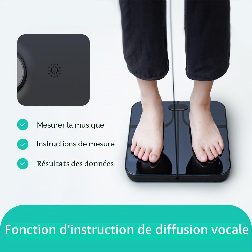 Fitdays Balance d'analyse corporelle intelligente -Balance IMC numérique de précision à 8 électrodes avec 20+métriques, affichage couleur Bluetooth pour muscle/graisse/eau (FI2211WB-Noir)
