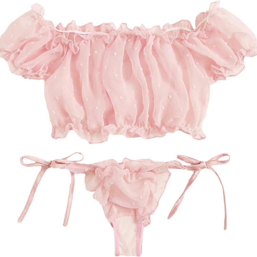 Sexy outfit Damskie seksowne biustonosze i majtki w kropki komplety bielizny Babydoll Strappy przezroczyste wykończone frędzlami bielizna z uroczą kokardką G String
