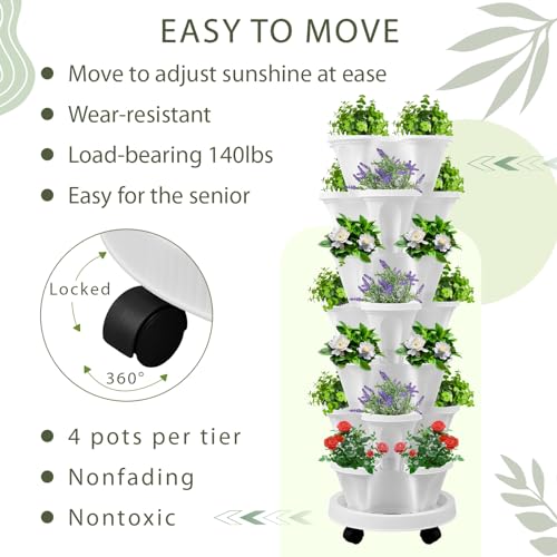 Umigy 2 Set White 7 Tier Vertical Planter Stackable Tower Planters Strawberry Herb Flower and Vegetable Pots Indoor Outdoor Gardening Pots with Removable Wheels and Tools by Umigy - Used condition - Image 3
