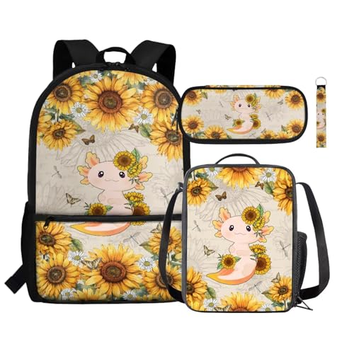 Zaino per bambini borsa termica per il pranzo portapenne astuccio da polso con cordino e portachiavi set 4 in 1 per il rientro a scuola Girasole Axolotl Farfalla Taglia unica Zaini