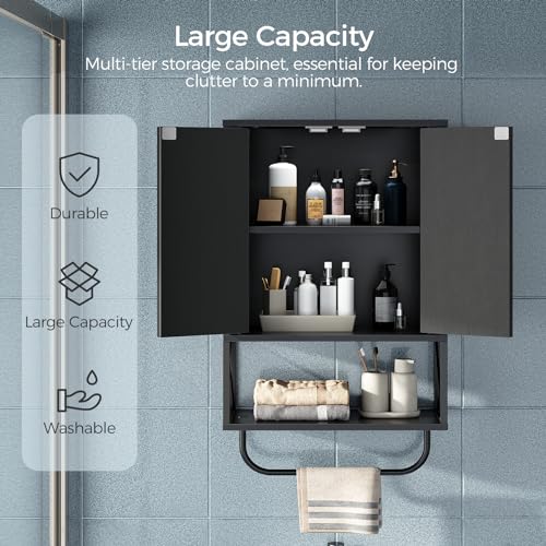 MAHANCRIS Bathroom Wall Cabinet with 2 Door and Adjustable Shelf, Farmhouse Medicine Cabinet with Towel Rack, 3-Tier Wall Mounted Storage Cabinet Over The Toilet for Bathroom Laundry Room, Black by MAHANCRIS - Used condition - Image 3