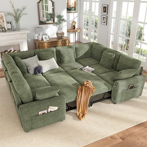 Image of Hanherry Sectional Sofa with Pull Out Couch Bed,Corduroy Sleeper Sofa with 2 Seat Storage & USB Charging,Comfy Modular Couches for Living Room,Apartment