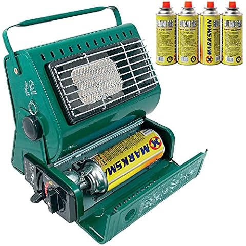 BARGAINGALORE PORTABLE GAS HEATER OUTDOOR CAMPING FISHING + 4 BUTANE GAS BOTTLES CANISTERS NEW Cover