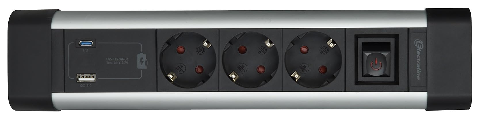 Electraline 62581 Ciabatta elettrica in alluminio per scrivania 3 prese + 3 USB (2 USB A 3.0A QC + 1 USB C PD20W), cavo da 2 m, protezione da sovratensione, multipresa/presa da tavolo