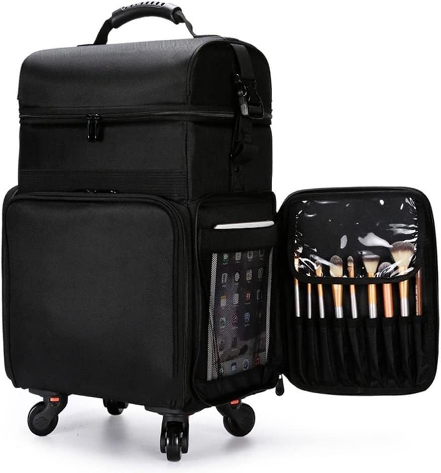 Image of Adson Multifunctional Professional Beauty Makeup Artist Rolling Cosmetic Aluminium Vanity Trolley Beauty Train case Makeup Cosmetic Trolley Hairstylist Travel Organizer (Full Black)