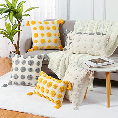 Mingbo Boho Throw Pillow Covers 18X18 Cream White, Decorative Pillow Cover For Couch, Soft Tufted Square Cushion Case With Tassels For Living Room Couch Bed Sofa, No Pillow Insert #TOP5