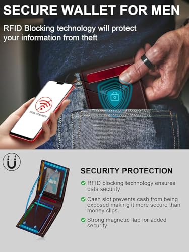 Image of Contacts Slim Leather Bifold for Men | RFID Blocking Card Holder with ID Window | Holds 13-17 Cards, Large Cash Slot | Thin Minimalist Front Pocket Design | Gift for Men (Brown)
