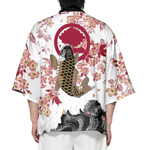 Image of DOSLAVIDA Men's Japanese Kimono Jacket Set Stylish Open Front Coat With Shorts Chinese Style Printed Cardigan Suit