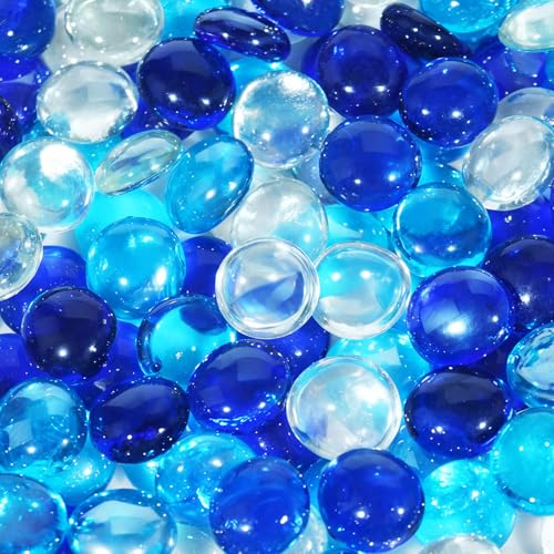 vchin 20 Pounds Fire Glass Rocks, 3/4 Mixed Color Fire Glass Beads for Propane Fire Pit, Fireplace and Outdoor Decorative (Caribbean Blue+Cobalt Blue+Crystal Ice)