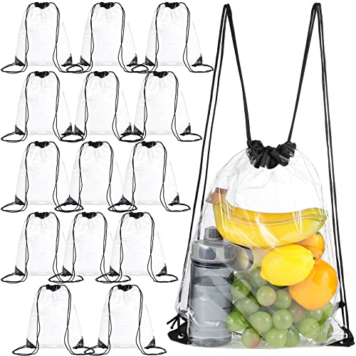 Riakrum 15 Pieces PVC Clear Drawstring Bag Small Waterproof Clear Plastic Drawstring Backpack For Stadiums Sporting Events (Black)