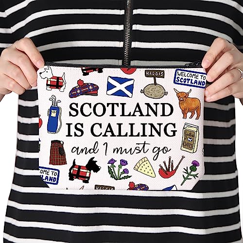 Schottland Make-up-Tasche, Geschenk für Schottland ist Calling and I Must Go mit Reißverschluss, Geschenk für Schottland (Schottland Calling UK), weiß