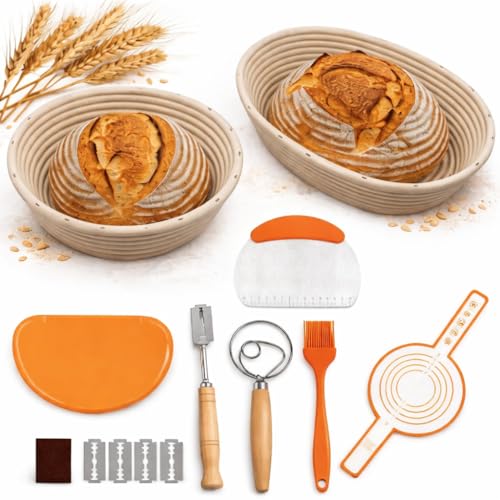 13 PCS Banneton Bread Proofing Basket Set 9-Inch Round & 11-Inch Oval Sourdough Proving Baskets 100% Natural Rattan with Silicone Bread Liner Bread Lame Dough Whisk Scrapers & Silicone Brush