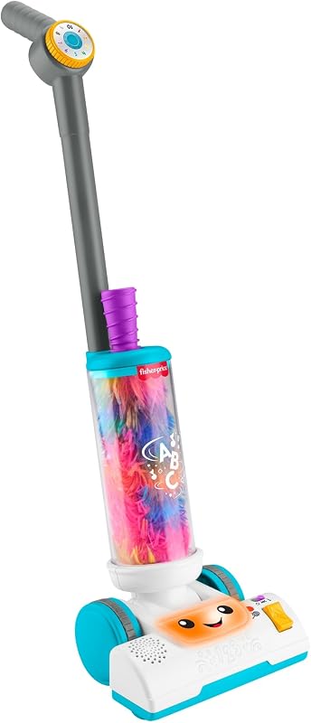 Fisher-Price Aspirateur 2-en-1 Rires et Éveil avec plumeau, lumières et musique pour les enfants à partir de 2 ans, version multilingue, JMM33
