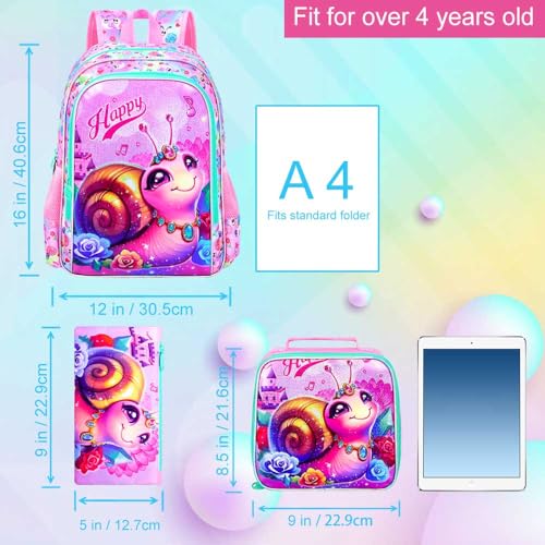 Image of 16 inch Backpack for Girls, 16 inch Kids Bookbag with Lunch Box，Snail School Backpacks for Elementary Preschool Kindergarten (Pink)