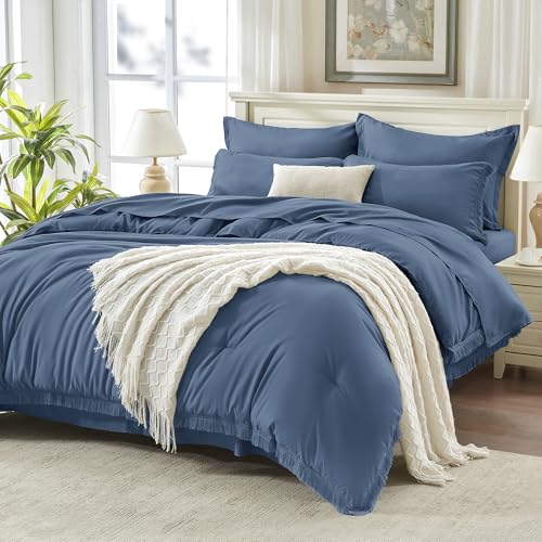 Image of Andency Full Size Comforter Set Bluish Grey -7 Pieces Boho Tassel Bed in a Bag Soft Lightweight Bedding Sets, Fringe All Season Bed Set with Comforter, Sheets, Pillowcases & Shams