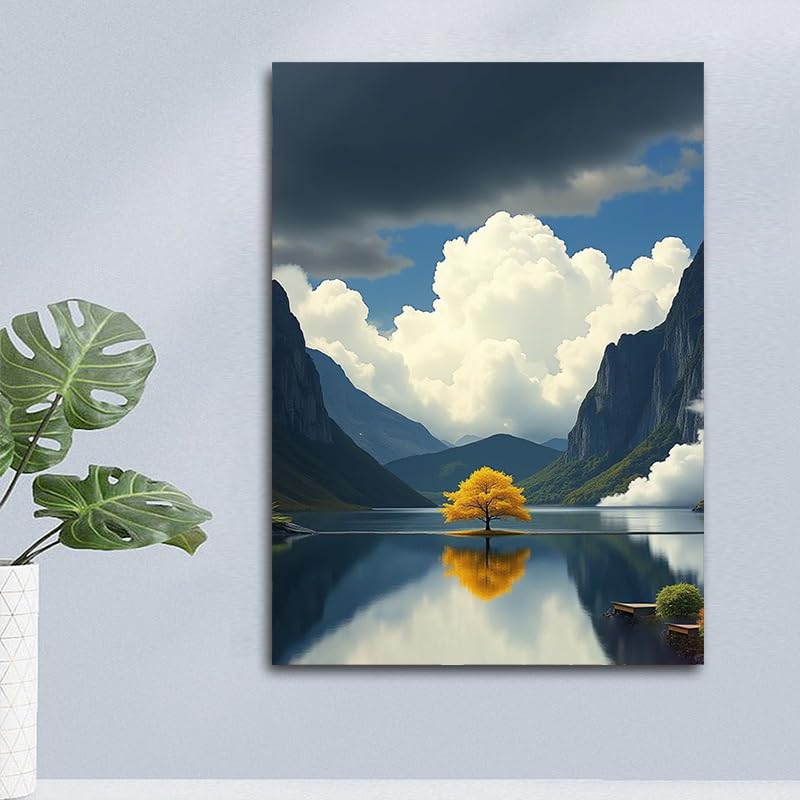 Cuadro de paisaje lacustre y montañas minimalista para salón 50x70cm sin marco