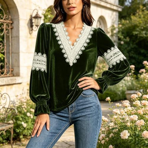 Velvet Tops for Women Dressy Long Sleeve Lace V Neck Blouse Army Green - image 3