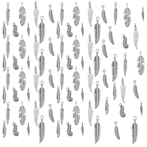 Shimmeroo 80PCS Feather Charms for Jewelry Making, 8 Styles Antique
