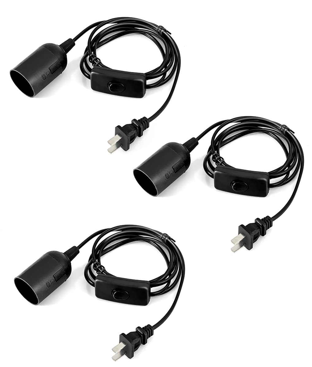 Extension Hanging Lantern Cord Cable, HESSION 5.9ft Lamp Cord -MAX 360W - On/Off Switch E26/E27 Black Pendant Lighting with Plug-in Cord 3-Pack