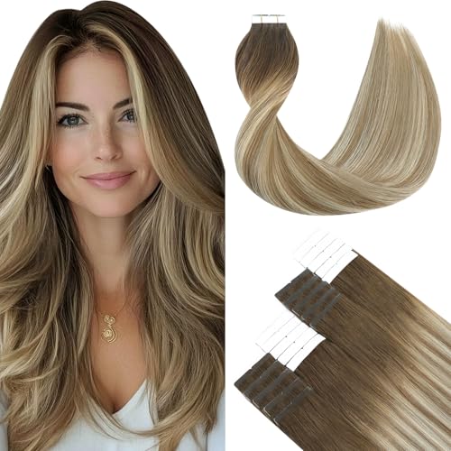 SURNEL Extensiones Adhesivas Pelo Natural Marrón Más Oscuro Desvaneciendo a Marrón Ash Resaltado con Rubio 45cm 50g 20Piezas Extensiones Adhesivas Pelo Humano Natural(T#3/8/22 45cm)