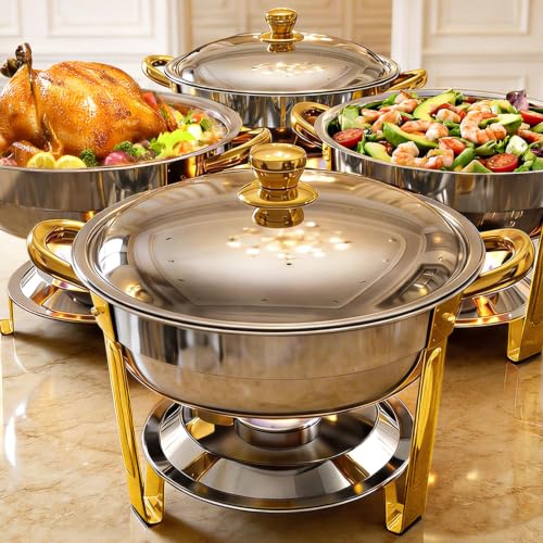 Chafing Dishes for Buffet 4 Pack, 6QT Round Stainless Steel Buffet Food Warmers with Elegant Gold & Silver Accents, Complete Set for Weddings, Parties, Catering Events & Holiday Gatherings