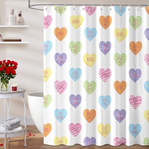 Dazzlewall Valentines Shower Curtains for Bathroom, Colorful Conversation Heart Candy...