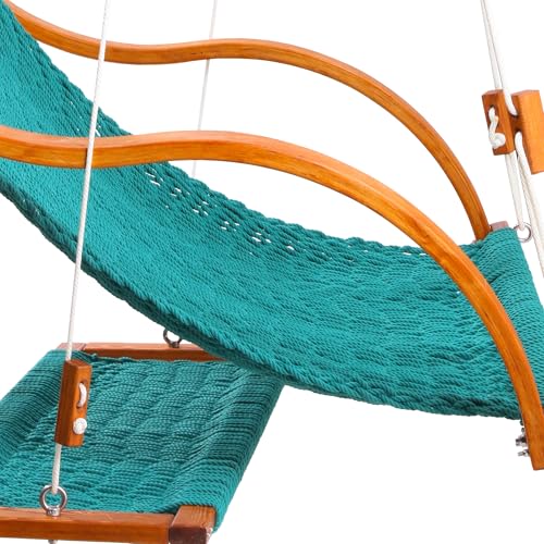 Image of SANIWERKE Porch Swing for 2, Double Hammock Swing with Footrest & S-Armrest, Adjustable Hanging, Durable Rope Net&Thick Wood, 650LBS, 50 inch Wide, Luxe Reclining Duo Swing for Patio Porch(Honey Meadow)