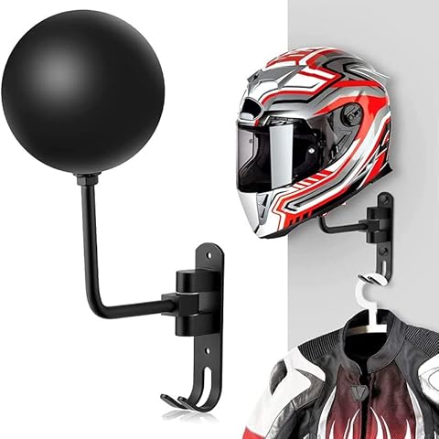OXMART Motorcycle Helmet Rack Holder 1Pc, 180 Degree Rotation Hook Jacket Bag Display Rack Wall Mount with 2 Hooks Stand, Helmet Hanger for Bike Helmet Coats Caps Cowboy Hat Football Helmet Black Cover
