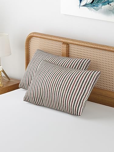 Image of 180 TC Pillow Cover Set of 2 | Pillow Cover Cotton 100% | Pillow Cover Set of 2 King Size | Wrinkle Free & Fade Resistance | Striped Pattern | Standard Size | All Season Use (Red Lotus)