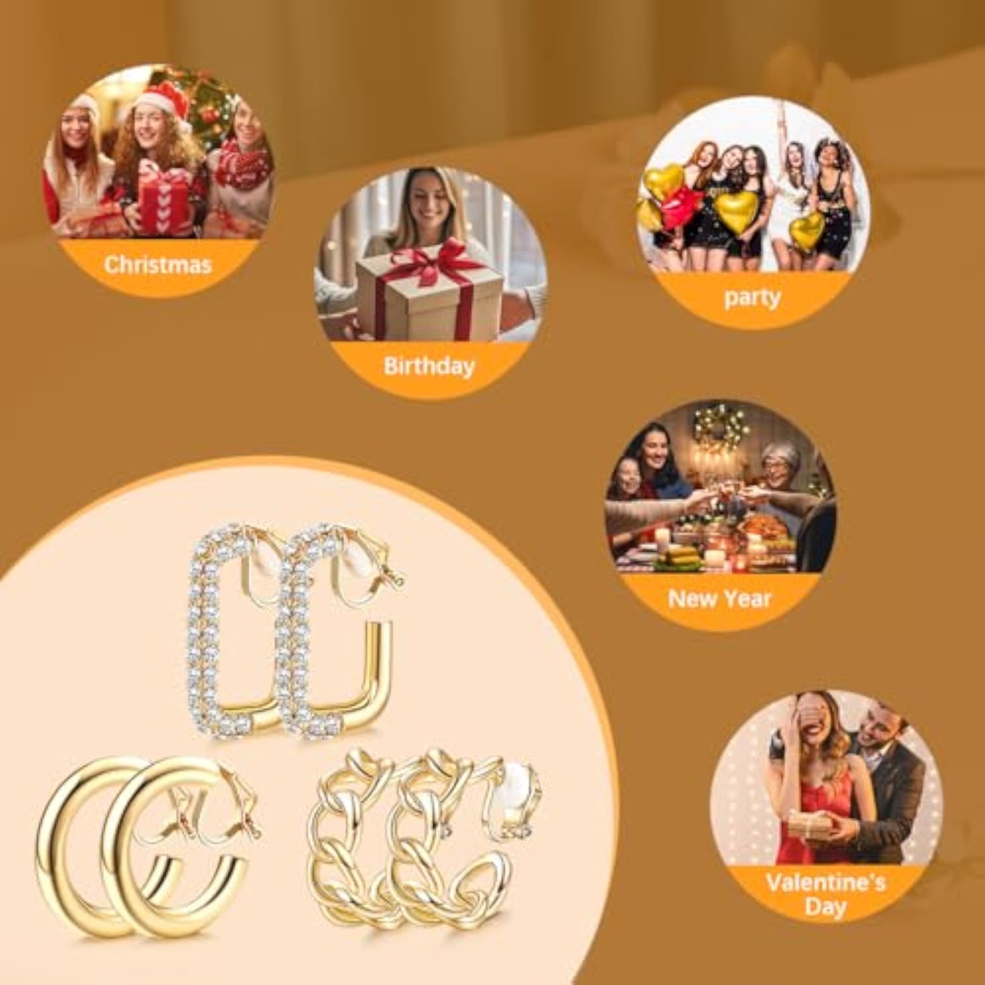 3 Pairs Gold Rhinestones Geometric Ear Cuff Earrings Set