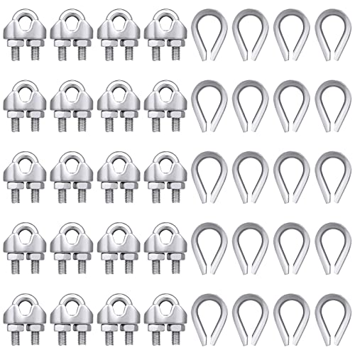 40 Pcs 1/8" Wire Rope Kit M3 Metal Wire Rope Cable Clamps And M3 Stainless Steel Thimbles For 1/8" Diameter Wire Rope Rigging Tent Rope Guard Railing System #TOP21