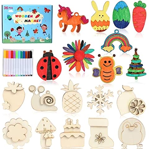 Worgree DIY Wooden Magnets, 36 pcs Wooden Art Craft Supplies Painting Kit for Kids Party Favors for Boys Girls Ages 4-8 8-12 Birthday Easter Crafts Gifts Toys Basket Goodie Bag Stuffers Cover