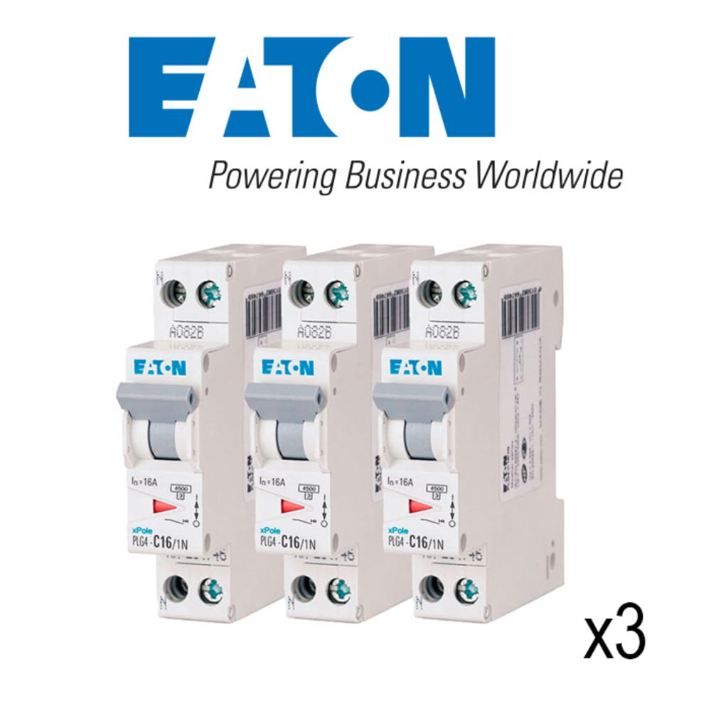 EATON 264746 PLG4-C16/1N - DISJONCTEUR MODULAIRE PH/N - Blanc - MANETTE GRISE - 1P+N / 16 A - COURBE C - Raccordement à vis - 3 disjoncteurs