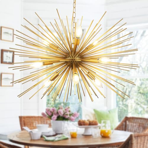 ZIRALIO Modern Sputnik Chandelier Vintage 9-Lights Luxury Starburst Golden Chandelier Light Fixture 29“ Gold Solid Metal Sputnik Chandeliers for Dining Room, Kitchen, Bedroom, Living Room, Foyer, E12