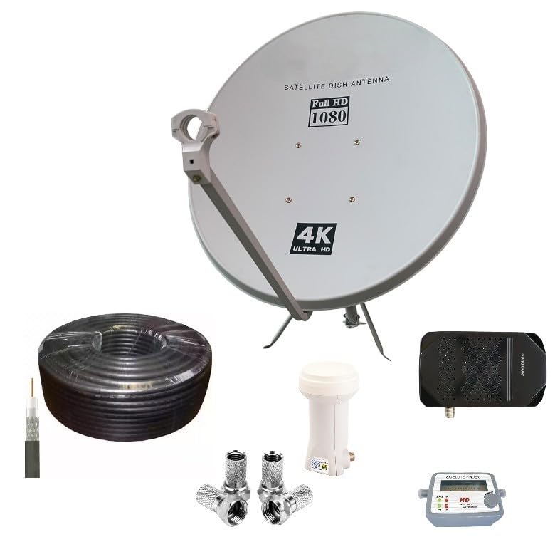 All in One For Satellite (اصلي ORIGINAL) - 60CM Dish Antenna, Finder, Universal Single KU LNB, 50m Solid Copper Coaxial Cable, 4pcs Connector and 4K Full HD Receiver