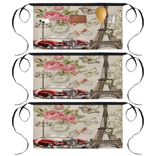 Lot de 3 demi-tabliers de chef à motif Tour Eiffel rose avec 3 poches pour cuisine et bistrot