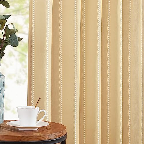 jinchan Linen Blend Curtains 96 Inches Long Mustard Yellow Striped Curtains for Living Room Farmhouse French Country Light Filtering Drapes Semi Sheer