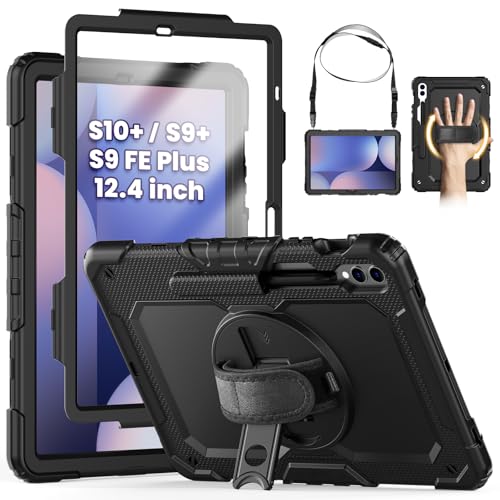 SEYMCY Case for Samsung Galaxy Tab S10+ / S9+ / S9 FE+ Plus 12.4 inch, Shockproof with Screen Protector, 360° Rotating Hand Strap & Stand, Shoulder Strap for Samsung S10/S9 Plus Tablet, Black
