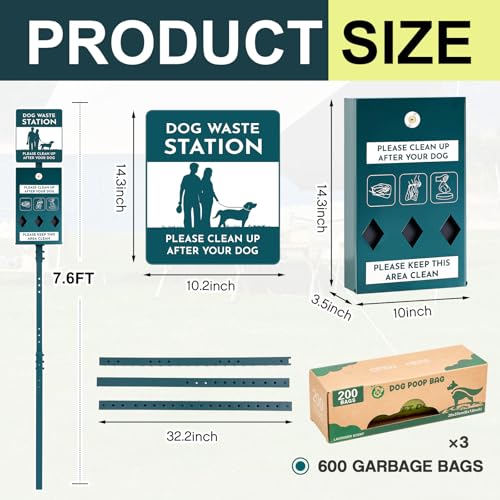 Image of Qinyoung Dog Waste Station with Bags Galvanized Steel Outdoor Pet Bin Dispenser Reflective Sign Rust Proof System for Backyard Commercial Park(1 Pack)