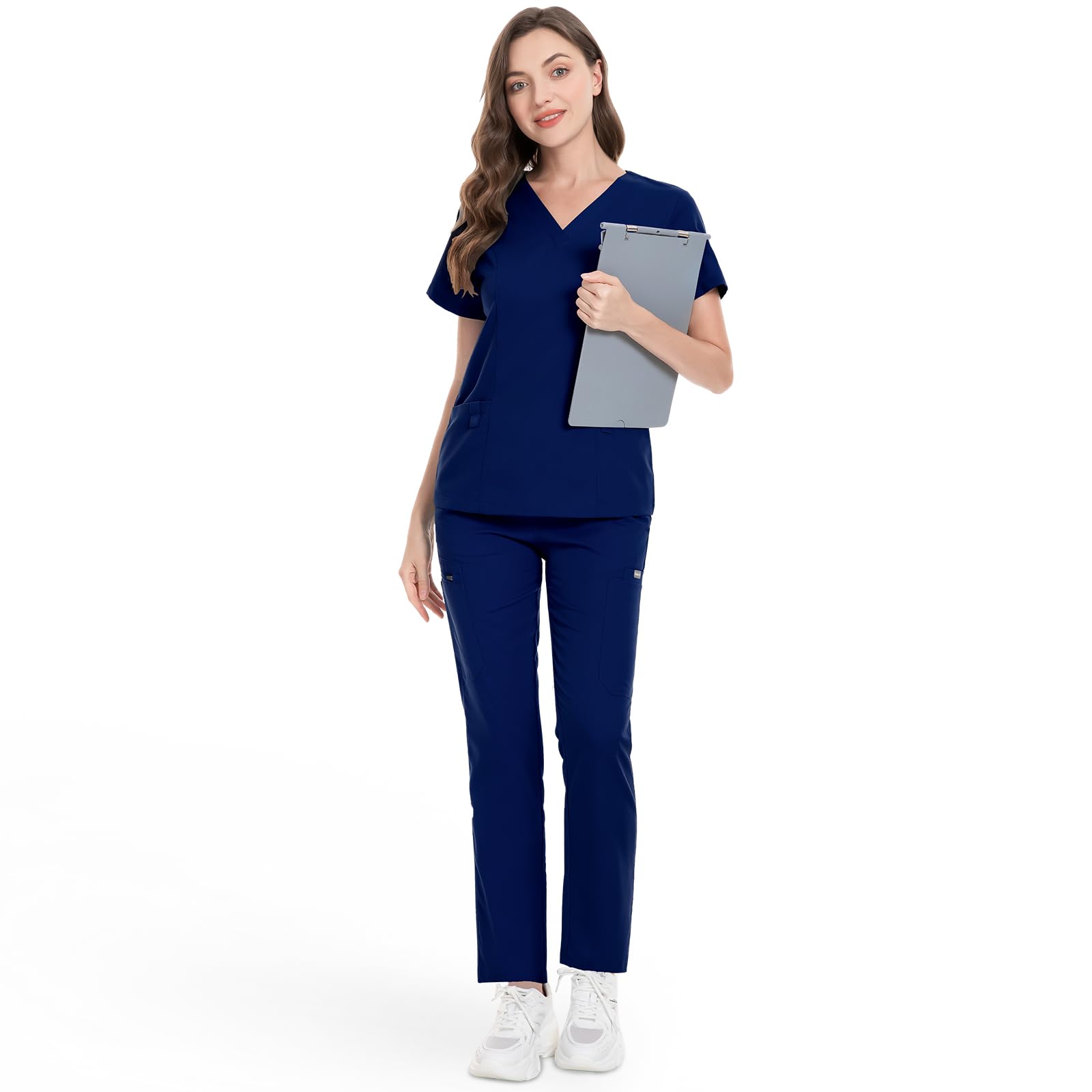 niaahinn Classic Scrub Set for Women - V-Neck Scrub Top & Stylish Scrub Jogger Pants with Multi Pocket Medical Uniform (Navy Blue,XS,X-Small)
